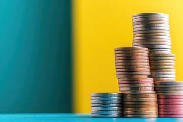 Poster - Pile of stacked coins with percentage signs flat design side view interest rates theme animation Splitcomplementary color scheme