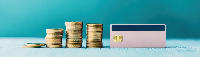 Poster - Stack of coins next to a credit card flat design side view debt management theme cartoon drawing Complementary Color Scheme