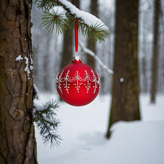 Wall Mural - red christmas ball on a tree