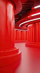 Poster - Explore a visually striking interior of an advanced fuel processing plant featuring vibrant red machinery and modern design elements, highlighting industrial strength and innovation. 3D illustration