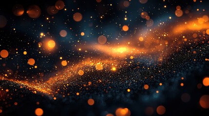 Poster - A mesmerizing display of glowing orange and blue particles swirling through the dark background, creating a sense of movement and depth