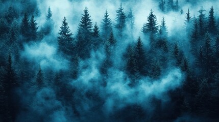 Wall Mural - misty forest in the early morning light showcasing tall pine trees enveloped in fog and ethereal blu