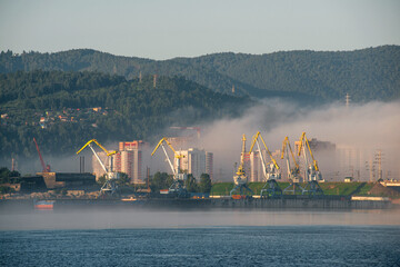 river port in Krasnoyarsk in fog