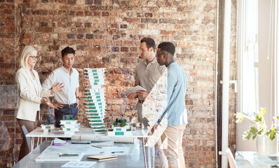 Poster - Architecture, 3d model and business people in meeting for planning, property development and building. Teamwork, collaboration and men and women in office with blueprint, construction and design