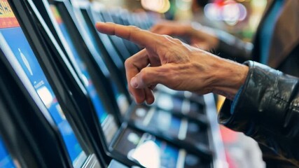 Aufkleber - Individuals are engaged with touchscreens in a lively gaming arcade, illuminated by bright lights and surrounded by the excitement of the evening crowd.
