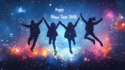 a group of people are jumping in the air with a sign that says happy new year 2025. the image has a 