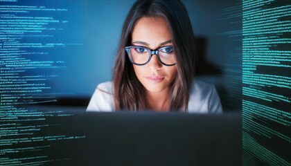 woman with glasses programmer working online for coding on laptop. Generated image