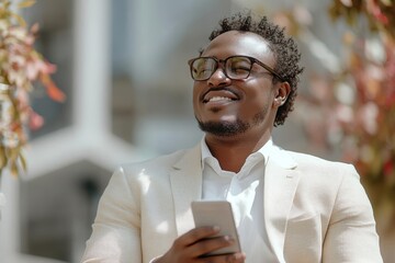 Smiling business person taking on mobile phone sitting outdoors, Generative AI