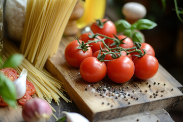 Fresh tomatoes with spaghetti on a wooden cutting board.