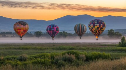 Four hot air balloons ascend into a sunrise sky, with fog below and mountains in the background.