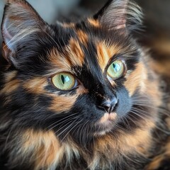 A close-up of a fluffy tortoiseshell cat, its vibrant colors and playful demeanor radiating charm and affection