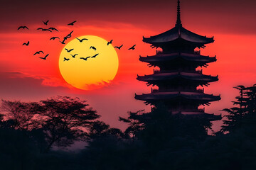 Canvas Print - Silhouette of a traditional multi-tiered pagoda surrounded by trees at sunset, with a large, vibrant, orange-red sun and a flock of birds flying across the sky. Use for wallpaper