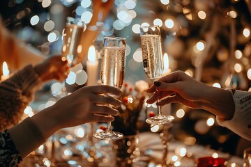 Wall Mural - Close up hand, Friends and Family Toasting with Champagne Flutes