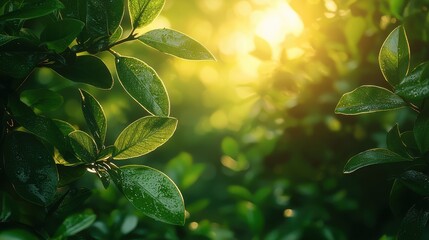 Wall Mural - morning sunlight filtering through lush green leaves in a tranquil forest setting