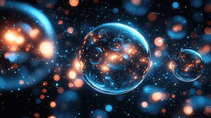 Poster - Colorful abstract orbs floating in a dark space filled with shimmering lights and particles at night