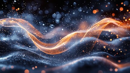 Poster - Fluid dynamics of glowing waves illuminated by vibrant orange and blue particles in an abstract setting