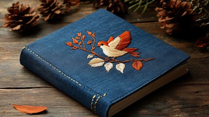 Blue Book with Hand-Embroidered Bird and Branch Design