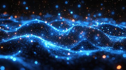 Poster - Glowing blue and orange particles create a mesmerizing wave-like pattern in a dark space environment at nighttime