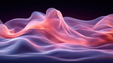 Poster - Ethereal flowing waves of translucent fabric in soft pink and violet hues, illuminated by subtle light against a dark background
