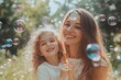 © Dhriti - Happy mother and daughter having fun with soap bubbles, Generative AI
