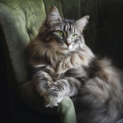 A serene portrait of a fluffy Longhair cat lounging gracefully on a soft chair, its long fur creating an elegant and luxurious appearance