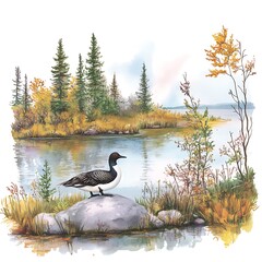 Wall Mural - Watercolor Illustration of a Loon on a Lake Shore with Autumn Trees.