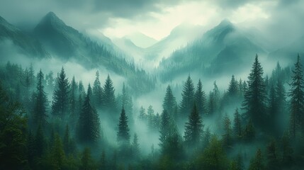Wall Mural - a misty mountain landscape enveloped in fog with towering evergreen trees during early morning hours