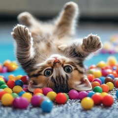 An adorable kitten lying on its back with paws in the air, surrounded by colorful toys, capturing the essence of youthful playfulness