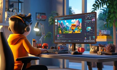 3D Character Designer Working on Animated Game Scene