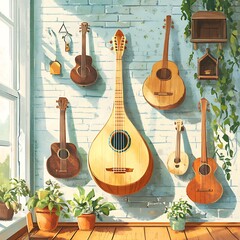 Poster - Musical Instruments Hanging on a Brick Wall with Plants.