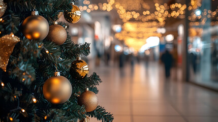 Canvas Print - A Christmas tree with gold ornaments is in a mall. The mall is busy with people walking around