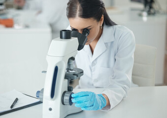 Poster - Scientist, woman and microscope with biology research and medical analysis in clinic laboratory. Chemistry, testing and hospital tech for monkeypox vaccine and science with ppe gear for study