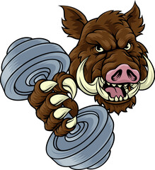 Wall Mural - A wild boar, hog razorback warthog pig weight lifting trainer, exercise or body building gym cartoon sports mascot holding weights dumbbell