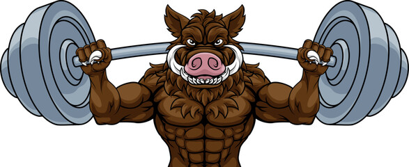 Poster - A boar razorback hog weight lifting gym animal sports mascot lifting a barbell