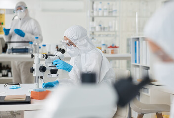 Aufkleber - microscope, ppe and scientist with virus test, exam results or pharmaceutical innovation with mask. 