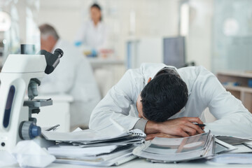 Aufkleber - Science, tired and man sleeping in laboratory with documents for medical analysis, research and study. Healthcare, biotechnology and scientist student with paperwork for burnout, fatigue and stress