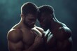 © Dhriti - Studio shot of shirtless men embracing each other, Generative AI