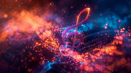 Wall Mural - A vibrant, abstract representation of music, featuring swirling colors and a treble clef amidst a cosmic background enriched with glowing particles.