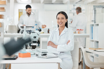 Poster - Research, portrait and woman in laboratory with confidence, smile and medical science innovation. Healthcare, happy and scientist at desk with arms crossed, study or pride in pharmaceutical office