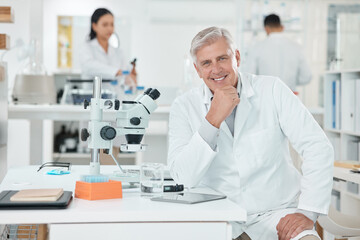 Poster - Smile, portrait and mature man in laboratory with confidence, research and medical science innovation. Healthcare, happy and scientist at desk with notes, study or pride in pharmaceutical engineering