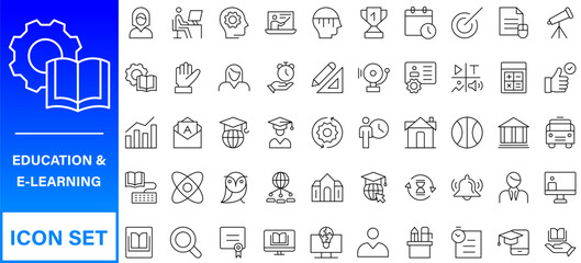 Poster - Education line icons collection. Big UI icon set in a flat design. Thin outline icons pack. Thin line icons set of academic subjects and education. Outline symbol collection.