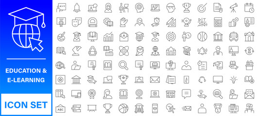 Poster - Education line icons collection. Big UI icon set in a flat design. Thin outline icons pack. Thin line icons set of academic subjects and education. Outline symbol collection.