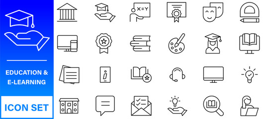 Poster - Education line icons collection. Big UI icon set in a flat design. Thin outline icons pack. Thin line icons set of academic subjects and education. Outline symbol collection.