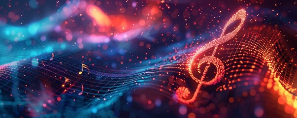 Wall Mural - A vibrant digital representation of musical notes intertwined with colorful flowing waves, symbolizing the harmony of sound and light.