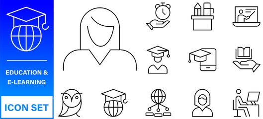 Poster - Education line icons collection. Big UI icon set in a flat design. Thin outline icons pack. Thin line icons set of academic subjects and education. Outline symbol collection.
