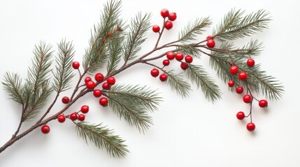 Poster - Christmas composition flatlay. Spruce branches, red berries on white background with space for text