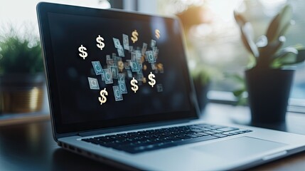 Poster - A laptop with dollar signs appearing above the screen, illustrating the concept of making money through digital means.