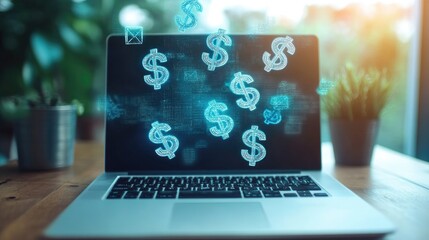 Poster - A laptop with dollar signs appearing above the screen, illustrating the concept of making money through digital means.
