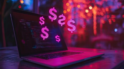 Poster - A laptop with dollar signs appearing above the screen, illustrating the concept of making money through digital means.