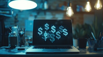Poster - A laptop with dollar signs appearing above the screen, illustrating the concept of making money through digital means.